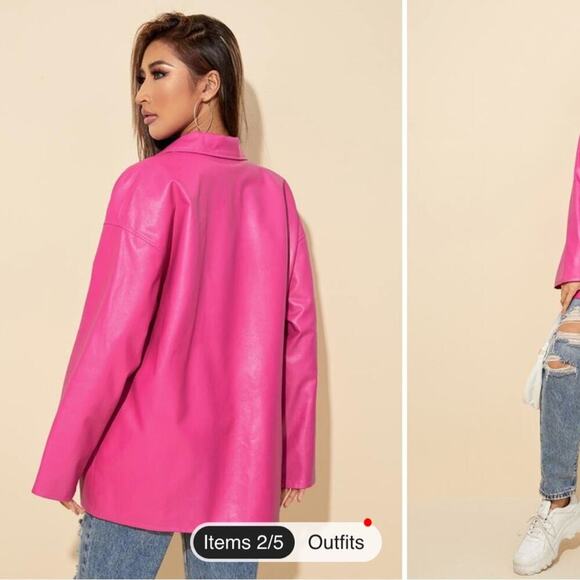5 for $25 CLEAROUT! Bright Pink Barbiecore Faux Leather Button Up Jacket Size L - Picture 3 of 14